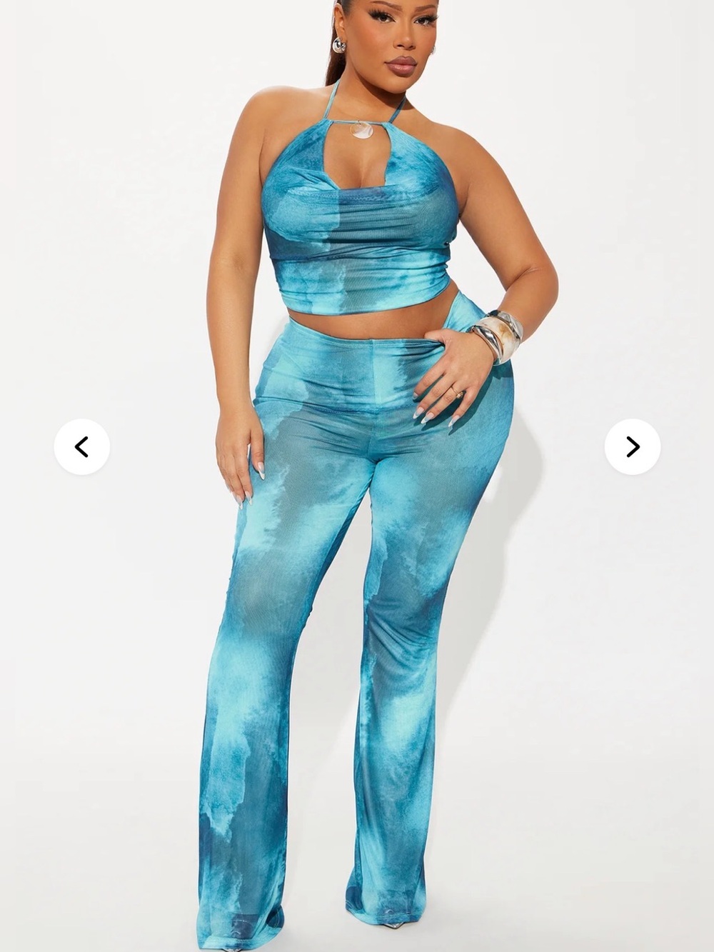 Turquoise Blue Tie-Dye Halter Crop Top & Flared Pants